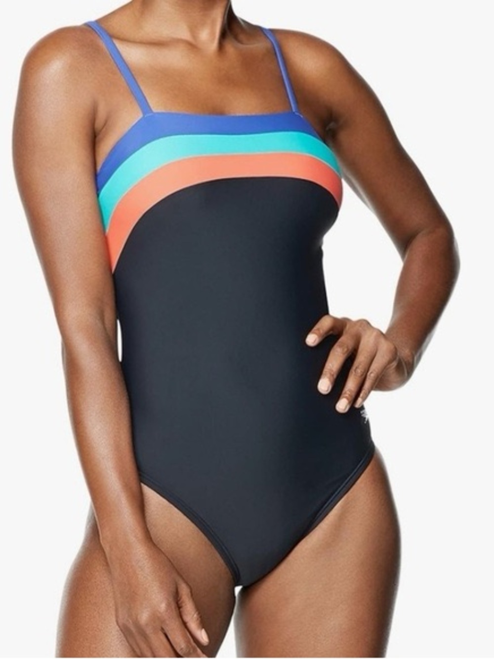 Speedo One Piece Swimsuit Striped Square Neck